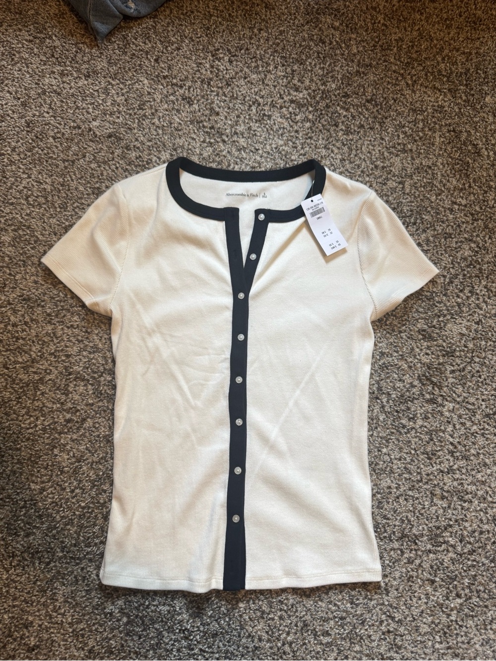 Abercrombie & Fitch White Short Sleeve Button-Front Top with Black Trim